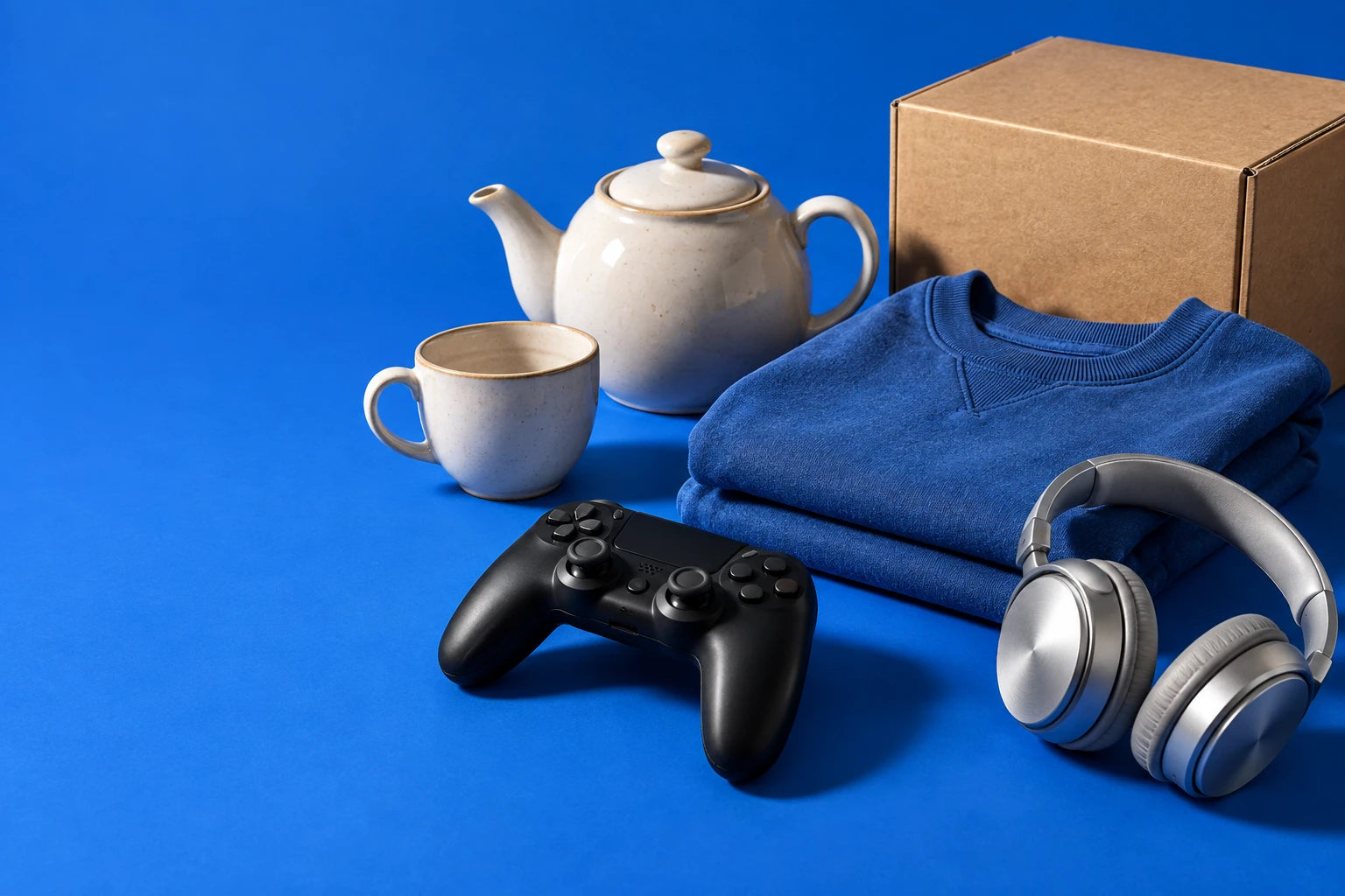 Teegeschirr, Controller, Pullover und Kopfhörer auf blauem Hintergrund